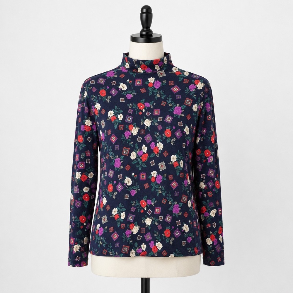 Vintage Hunt Club Womens Medium Floral Mock Neck Top Navy 100% Cotton 90s